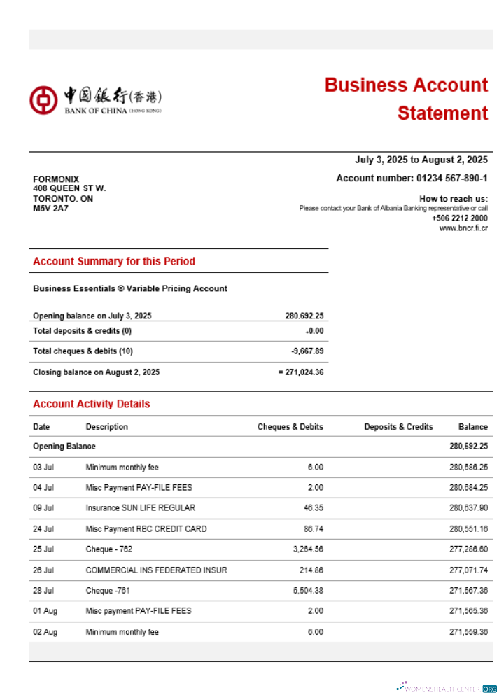 Download Bank of China company checking account statement Word and PDF template Photoshop template
